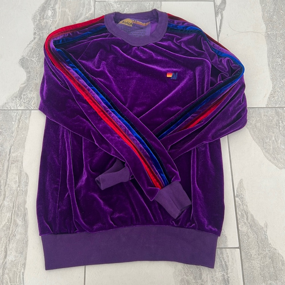 Aviator Nation Velvet Crew Womens Medium 5 Stripe Purple XS
